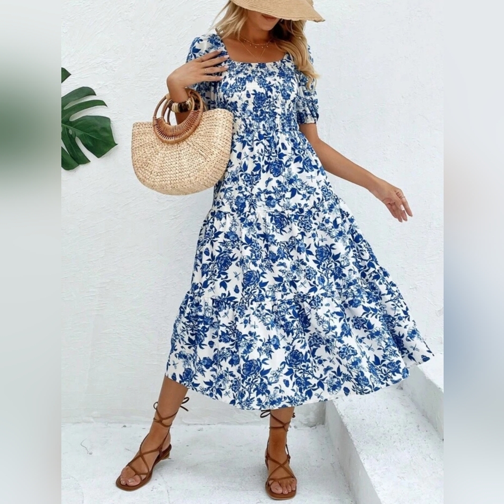 Floral Blue and White Dress
